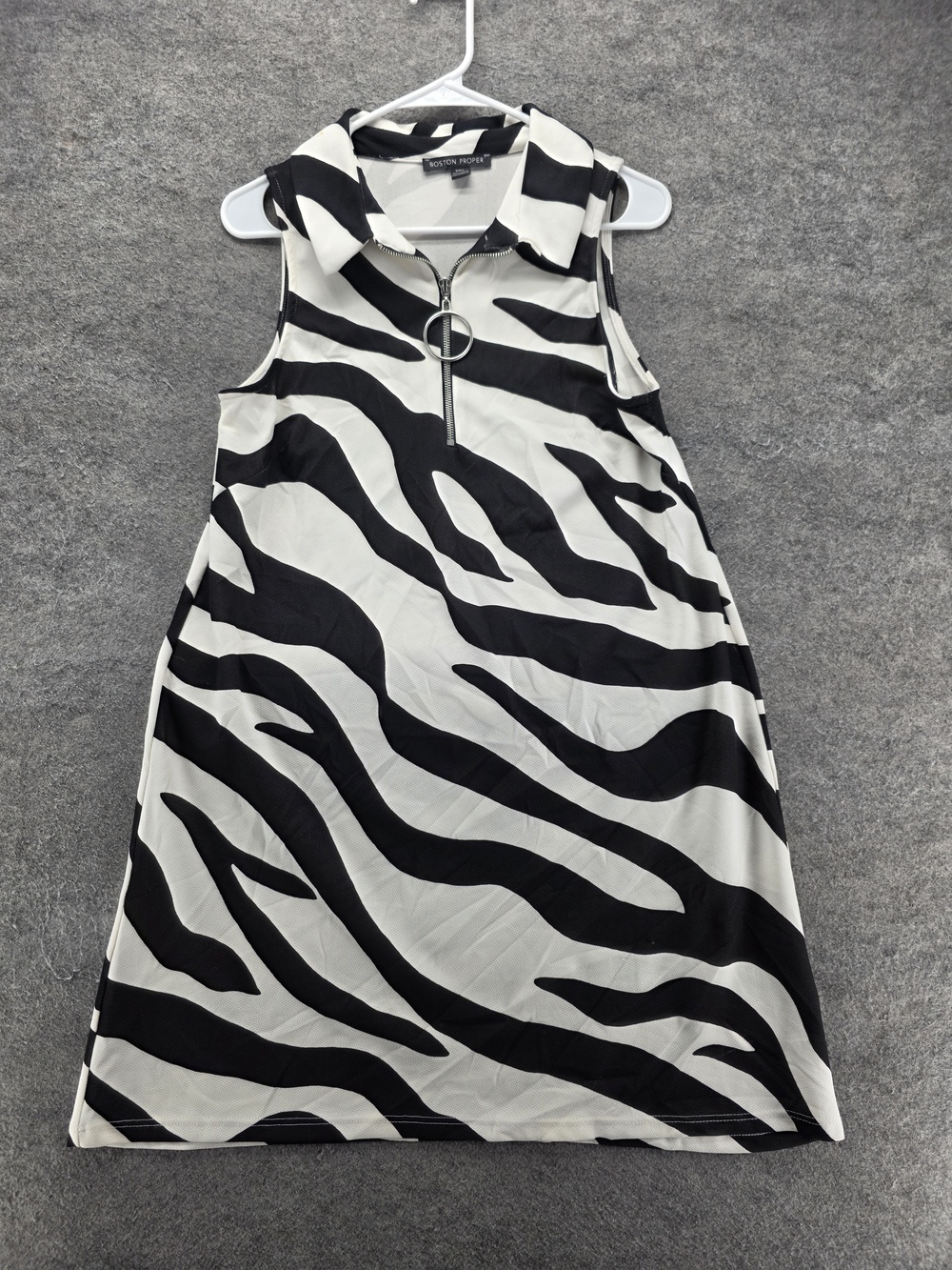 Boston Proper Dress Womens L Black Zebra Print A-Line Sleeveless Collared Zip
